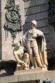 Captain Pedro Bertran i de Margarit & subservient Indian on Columbus Monument. Barcelona, Spain.