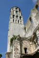 Notre Dame tower with ruins of walls, quarried during French Revolution. Jumièges, France.