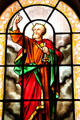 St Peter with keys stained glass window at Eglise Notre Dame de Pitie & St Elisabeth. Paris, France.