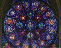Virgin & child stained glass rose window in Cathedral. Reims, France.
