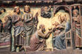 Three kings visit manger on carved stone chancel screen in Notre Dame Cathedral. Paris, France.