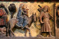 Flight into Egypt on carved stone chancel screen in Notre Dame Cathedral. Paris, France