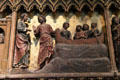 Christ appears to Apostles by Sea of Tiberius on carved stone chancel screen in Notre Dame Cathedral. Paris, France.