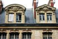 Pediment facade details with scientific discipline plaques on rue St-Jacques at Sorbonne University. Paris, France.