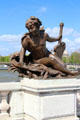 Neva River nymph sculpture celebrate Franco-Russian Alliance on Pont Alexandre III. Paris, France.
