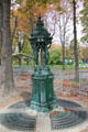 Classic Paris water drinking fountain supported by four graces conceived by Sir Richard Wallace & sculpted by Charles-Auguste Lebourg. Paris, France.