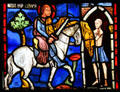 Knight on horseback stained glass window at Cluny Museum. Paris, France