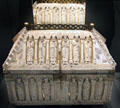 Reliquary box with copper fittings & bone carvings of Biblical characters from Cologne at Cluny Museum. Paris, France.