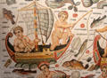 Fishing boat detail of Triumph of Neptune mosaic from Algeria at Louvre Museum. Paris, France