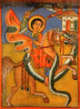 St Theodore the Oriental slaying a demon serpent from Ethiopia at Louvre Museum. Paris, France.