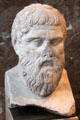 Marble portrait head of Greek philosopher Plato at Louvre Museum. Paris, France.