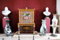 Sèvres desk of the Muses flanked by other porcelain showpieces at Sèvres National Ceramic Museum. Paris, France.