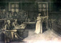 The Trial of Marie-Antoinette copperplate engraving by J.-F. Cazenave after original drawing by Pierre Bouillon at Conciergerie. Paris, France.