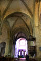 Quadripartite vaulting above nave inside St Vincent Cathedral. St Malo, France.