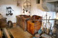 Kitchen utensils & breadbox in kitchen at Jacques Cartier Manor House Museum. St Malo, France