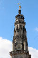 Lion of Arras emblematic animal atop flamboyant Gothic Town Hall belfry clock tower. Arras, France.