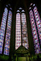 Fragments of ancient stained glass windows integrated into a composition by Jeannette Weiss-Gruber at Amiens Cathedral. Amiens, France.