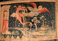 Dragon pursues winged woman from Apocalypse Tapestry at Angers Chateau. Angers, France.