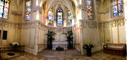 Panorama of burial place of Leonardo Da Vinci in St Hubert's Chapel at Chateau Royal of Amboise. Amboise, France.