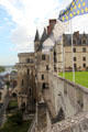 Flags on walls with Charles VIII wing beyond at Orleans apartments & Minimes Tower at Chateau Royal of Amboise. Amboise, France.