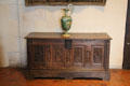 Carved wooden chest in Cupbearer's Room in Royal Lodge at Chateau Royal of Amboise. Amboise, France.