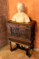 Bust of Renaissance woman set on antique carved wood chest at Château de Clos Lucé. Amboise, France.