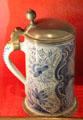 Blue & white covered tankard with enameled floral design in Great Hall at Château de Clos Lucé. Amboise, France.