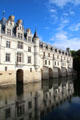 Facade of Chenonceau Chateau over River Cher. Chenonceau, France.
