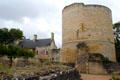 Tour du Coudray with restored royal lodgings beyond at Château de Chinon. Chinon, France.