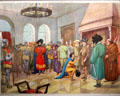 Graphic of Charles VII meeting Joan of Arc in 1429 in Royal Lodgings museum at Château de Chinon. Chinon, France