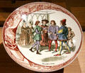 Joan of Arc at Chinon meeting Charles VII on porcelain plate By Sarreguemines Factory in Royal Lodgings museum at Château de Chinon. Chinon, France.