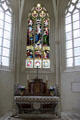 Stained glass window over alter in Chapel St Anne d'Usse at Chateau D'Ussé. Ussé, France.