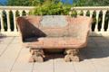 Stone garden bench with carved lion at Villa Ephrussi de Rothschild. Saint Jean Cap Ferrat, France.