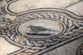 Bird detail of Roman mosaic floor with legend of King Pentheus after play by Euripides from Nimes house on ave. Jean-Jaurès at Musée de la Romanité. Nimes, France.