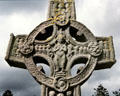 Detailed view of an Irish high cross at Clonmacnoise. Ireland