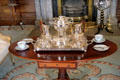 Silver tea service on pedestal table in drawing room at Russborough House. Ireland.