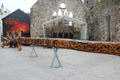 Gothic church ruins on Bailey's New St. with Viking sword sculpture featuring designs from several sources by John Hayes, longest wood carving in world. Waterford, Ireland