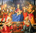 Madonna & Child Enthroned with four angels, St Justus, St Zenobius, St Michael, & St Raphael painting by Ghirlandaio & workshop at Uffizi Gallery. Florence, Italy.