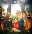 Adoration of the shepherds painting by Lorenzo di Credi at Uffizi Gallery. Florence, Italy.