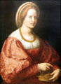 Portrait of woman with basket of spindles by Andrea del Sarto at Uffizi Gallery. Florence, Italy.