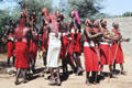 Group of Samburu dancers performing traditional tribal jumping dance. Kenya.