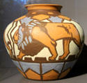 Earthenware bulbous vase with three lions made by Villeroy & Boch at Septfontaines-lez-Luxembourg at National Museum of History & Art. Luxembourg, Luxembourg