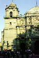 The bell tower & thick stone walls of Cathedral in Oaxaca. Mexico.