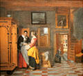 Interior with women beside a linen cupboard painting by Pieter de Hooch at Rijksmuseum. Amsterdam, NL.