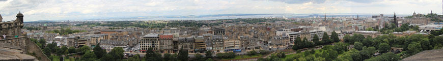 Panorama of New Town with Firth of Forth beyond from Edinburgh Castle. Edinburgh, Scotland