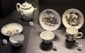 Painted porcelain teapot, cups & saucers from Worcester, England at National Museum of Scotland. Edinburgh, Scotland.
