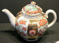 Painted porcelain teapot with Chinese motifs from Worcester, England at National Museum of Scotland. Edinburgh, Scotland.