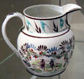 Creamware jug with Patie & Roger of Allan Ramsay's Poem "Gentle Shepherd" illustrated by David Allan by Verreville Pottery & Glass of Finnieston on Clyde at National Museum of Scotland. Edinburgh, Scotland