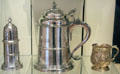 Silver caster by Robert Bruce, tankard by Alexander Forbes, & mug by Lawrence Oliphant at National Museum of Scotland. Edinburgh, Scotland.