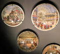 Ceramic jar lids including on showing interior of Crystal Palace at National Museum of Scotland. Edinburgh, Scotland.